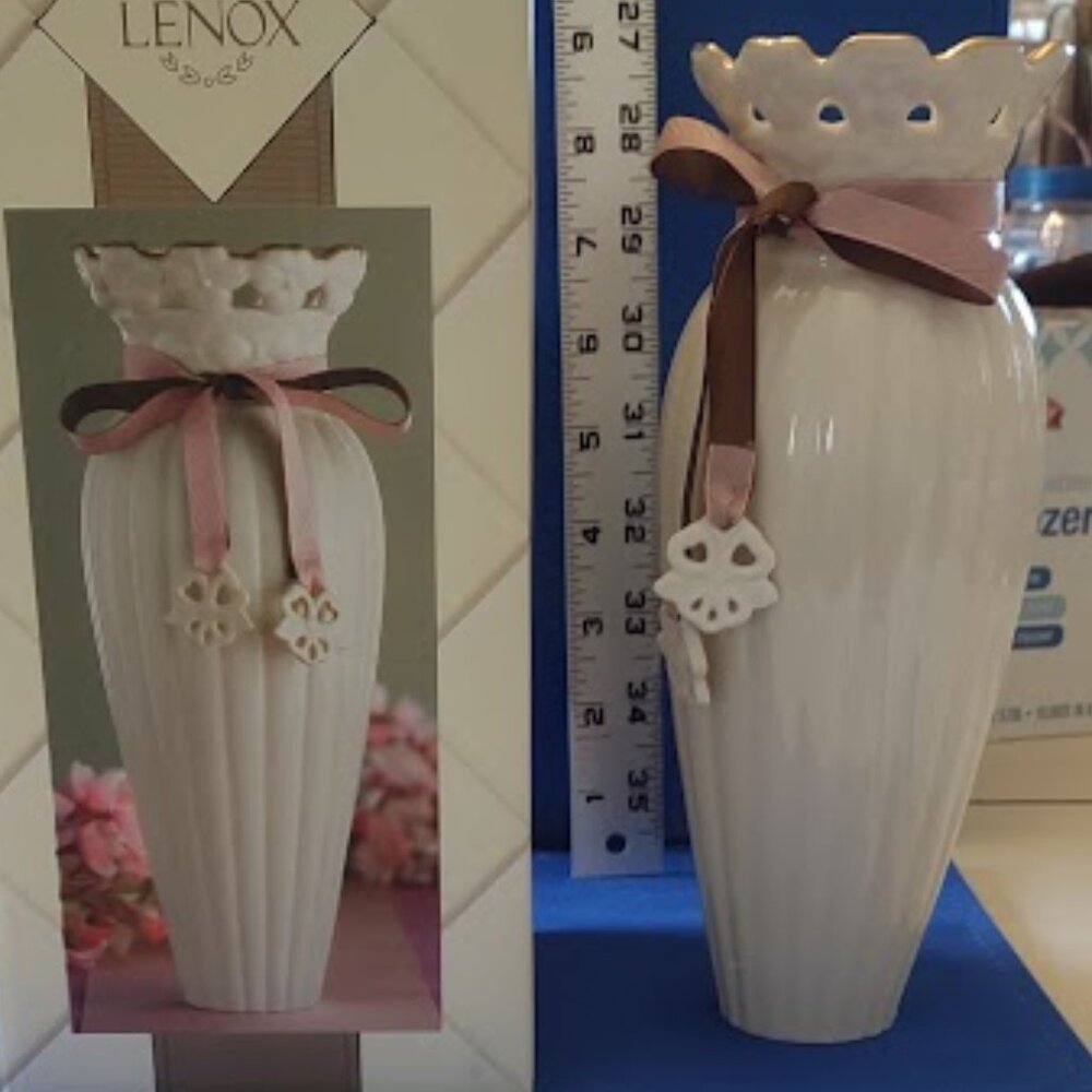 LENOX, TIED WITH LOVE, BUD VASE, NEW IN OPEN BOX, ORIGINAL BROCHURE 8 1/2 INCHES